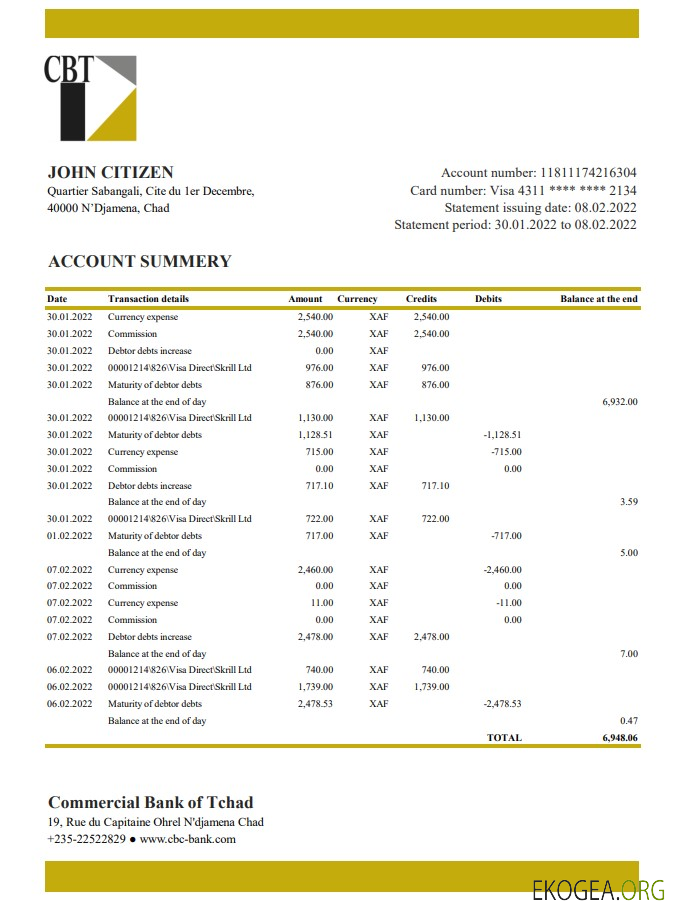 Relevé bancaire de la Chad Commercial Bank of Tchad